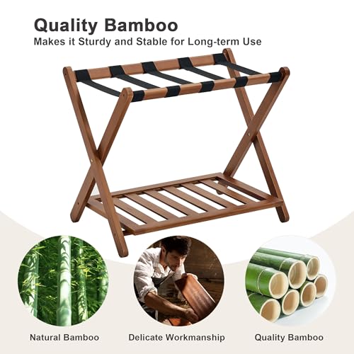 Fully Assembled Luggage Rack, Walnut Luggage Rack for Guest Room, Bamboo Folding Suitcase Stand with Storage Shelf, 5 Nylon Straps, Heavy Duty Luggage Holder for Bedroom Hotel, 1 Pack