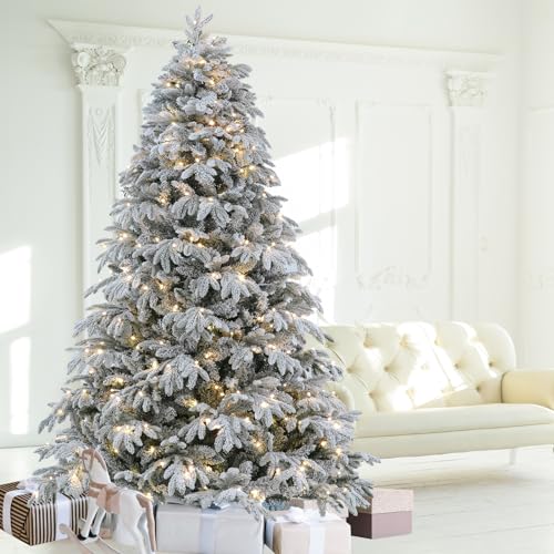 7.5 ft Flocked Christmas Tree with Colorful Lights & 2700 Realistic Tips, Prelit with Metal Stand & 400 Lights - Easy Assembly