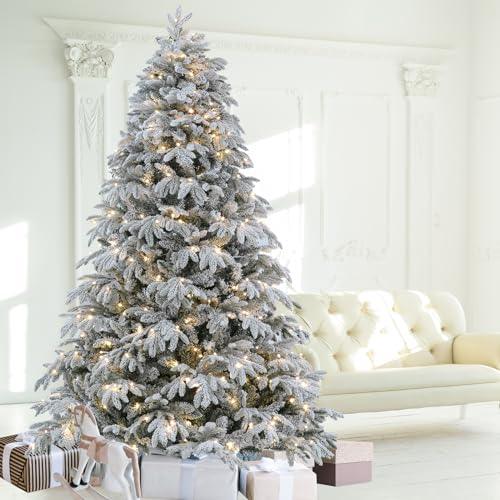 ROSOS Christmas Tree, 7.5 ft Flocked Christmas Tree Prelit with 10 Functions Colorful Lights & 2700 Realistic Tips, Spruce Artificial Christmas Tree Prelit with Firm Metal Stand & 400 Lights, Easy Ass