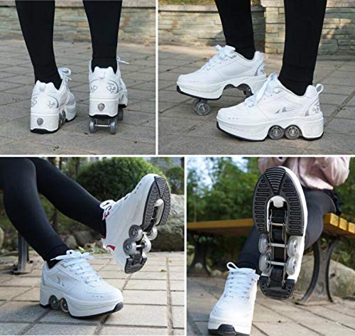Image of Roller Skates for Women /Girls, Retractable Kick Roller Shoes with Wheels for Men, Outdoor Quad Wheel Rink Skates Adjustable Deformation Sneakers for Adult /Boys