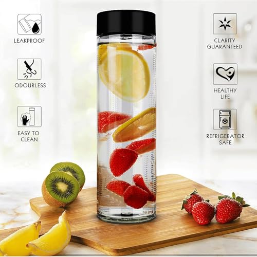 Image of Glassbunny 750ml Set Of 8 Glass Food Grade Airtight Water Bottle with Leak-Proof Black Lid - Water, Smoothie, Juicer and Beverage Glasses