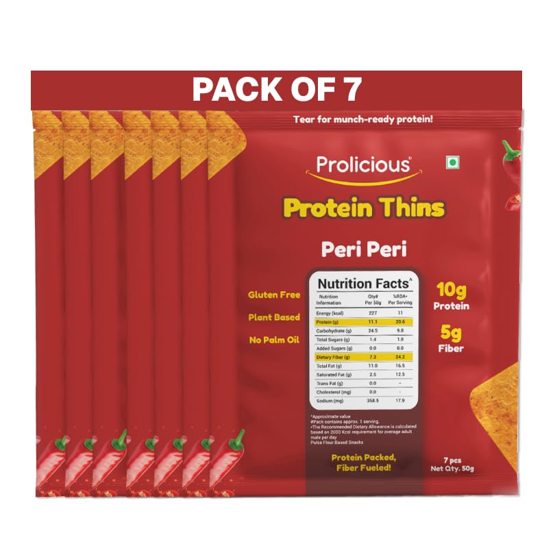 Image of Prolicious Healthy Protein Thin Chips |10g Protein & 5g Fibre Per Pack Per Pack Per Pack | Vegan Snacks | Gluten Free|No Maida |No Palm Oil| 50g - Pack of 7| Peri Peri