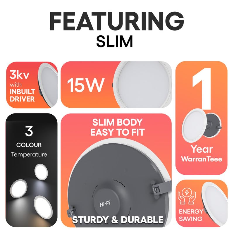 Image of Hi-Fi OLLO 15-watt Round LED Downlighter | LED Ceiling Light for Home and Hall | Cut Out: 68 mm, Color: Warm White Light, (3000K) Pack of 6-Polycarbonate