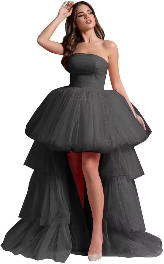 High Low Tulle Prom Dresses Long Strapless Tiered Formal Dresses A Line Evening Dress with Train