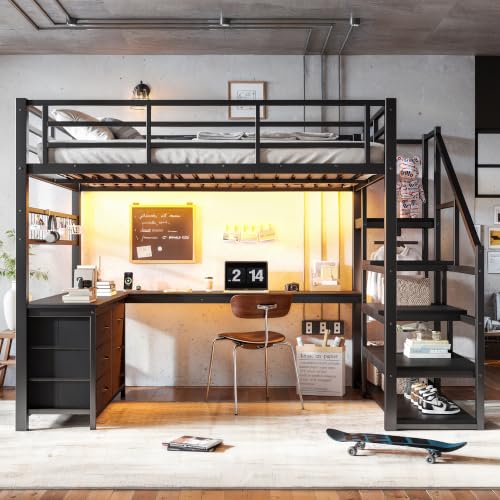 Image of Bellemave Full loft Bed with Storage Stairs, Wardrobe, Shelves, Metal Full Loft Bed Frame for Adults, Kids, Teens, Black