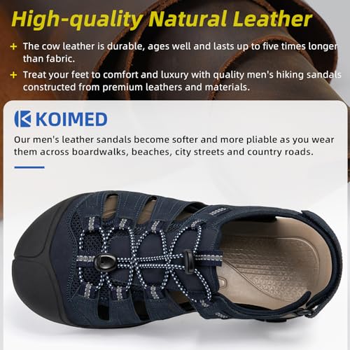 KOIMED Men's Hiking Leather Sandals Closed Toe Water Shoes for Summer Athletic Trail River Fishing Wide Adjustable Waterproof Arch Support Hiking Style-Blue3
