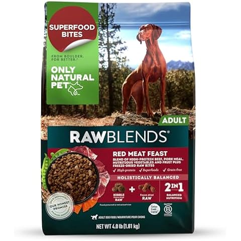 Only Natural Pet Raw Blends Infused Grain Dog Food, High Protein All-Natural Whole Ingredients & 100% Raw Meat Bites, Red Meat Feast, Low Phosphorus, Dehydrated Mix for Large Breed & Picky Eaters, 4lb Cover