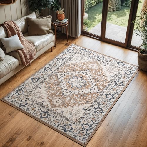 Lofus 3x5 Area Rugs for Living Room, Machine Washable Area Rug, Soft Small Rugs for Bedroom, Kitchen, Office and Indoor, Vintage Boho Carpet, Non-Slip Low Pile Carpets, Floral Brown