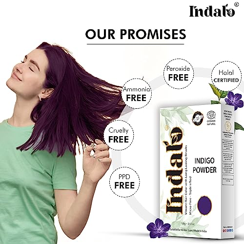 Image of Indalo Natural Indigo (Indigofera Tinctoria) Hair Colour Powder, No Ammonia, No PPD, No Paraben, Conditioning Hair Growth & Anti-Dandruff for Hair Colour for Men & Women (100gm, Pack of 1)
