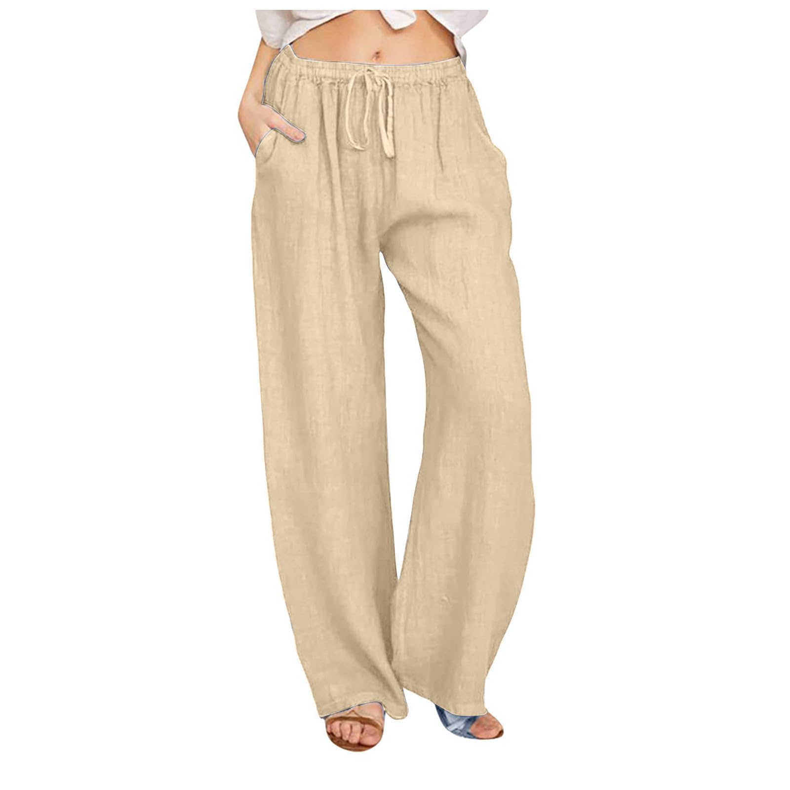 Linen Pants Women Summer Wide Leg Pants Drawstring Elastic Waist Pants High Waisted Lounge Pants Casual Beach Trousers