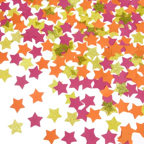 Image of MOWO Hot Pink Orange and Gold Star Confetti Table Decoration, 1.2'', 200pc | Baby Shower Birthday Wedding Graduation Fall Autumn Groovy Theme Party, 1.2 inch in Diameter, 200 Counts