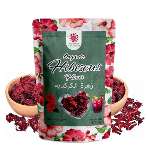 Savannah Soul Organic Dried Hibiscus Flowers 150g Contains Antioxidants & Vitamin C Herbal Tea for Wellness Digestion & Healthy Lifestyle Caffeine-Free Vegan Non-GMO No Added Preservatives