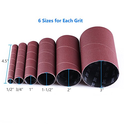 Spindle Sander Sleeves, 18PCS Sanding Sleeves for Oscillating Sander, 80 120 240 Assorted Grit Sandpaper, 4-1/2” Length, 1/2”,3/4”,1”,1-1/2”, 2”, 3” Diameter, by LotFancy