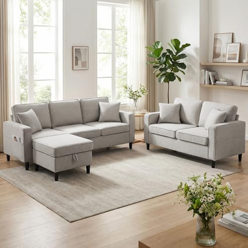 Ijuicy 2‑Piece Modern Linen Sectional Sofa Set with Ottoman