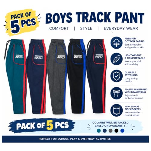 Image of Product Name Kids Track Pants Combo Pack of 5 | Cotton Blend Jogger Pants for Boys | Soft & Comfortable Bottoms