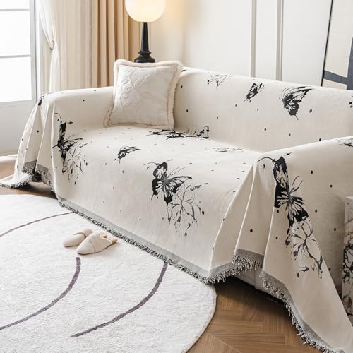 VanderHOME Funda Sofa,Cubre Sofas,Tejido Resistente y De Calidad, Tela Cubre Sofa Four Seasons, Colcha Multiusos para Sofá, Plaid Sofa Decorativo,Elegante Estampado de Mariposas 180 * 260cm-Gris