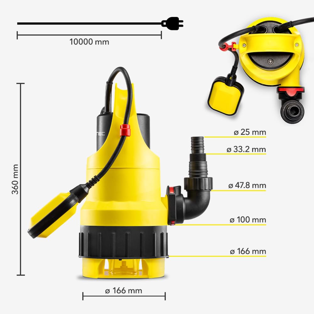 TROTEC Bomba sumergible TCW 900 – Bomba para agua clara/sucia – Caudal 15.000 l/h, potencia 900 vatios, profundidad de inmersión máx. 7 m, IPX8