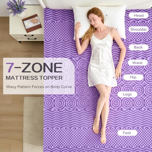 Image of SINWEEK 2 Inch 7-Zone Memory Foam Mattress Topper Twin XL, Twin Extra Long Mattress Pads for College Dorm Room, Pressure Relieve CertiPUR-US Certified, 39x80 Inches, Violet