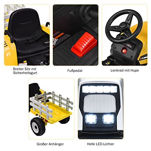 COSTWAY 12V 3-Gang Traktor mit abnehmbarem Anhänger und 2,4G Fernbedienung, Kinder Aufsitztraktor mit LED Lichtern… – Bild 6