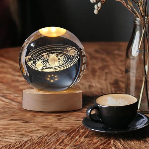 Image of 3D Galaxy Crystal Ball Night Lamp with Wooden LED Base, Solar System Crystal Ball Night Light, Unique Gift Items for Women & Men, Home Decor Showpiece, Birthday Gift Ideas