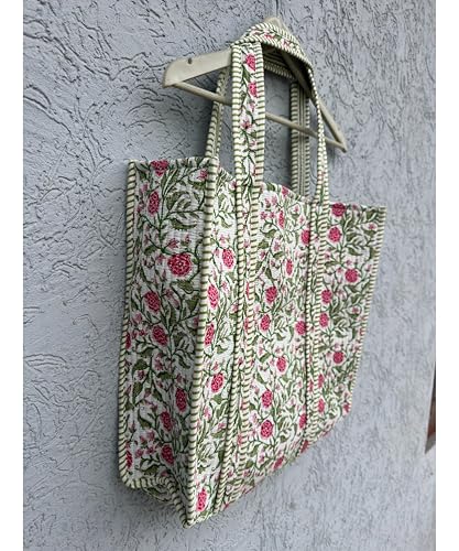 Image of Quilted Cotton Handprinted Reversible Large multicolor Floral Tote Bag,Hand Block Print Shopping Shoulder Carry Bag