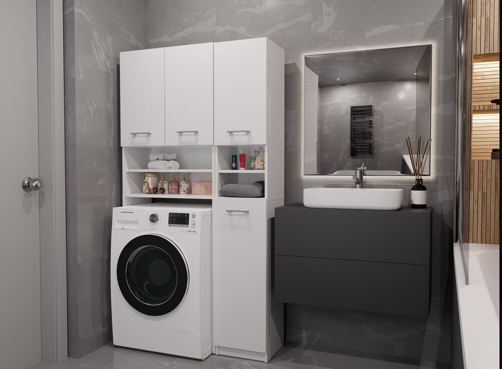BDW - Set di mobili da bagno - Scaffale e mobile per lavatrice con ripiano - 180x96x30 cm - Spazioso set da bagno, in robusto pannello laminato - Bianco
