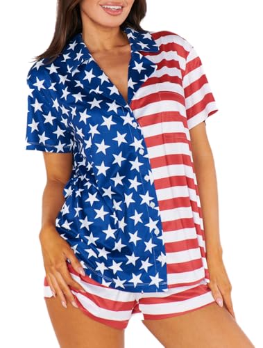 Image of Argeousgor Women 4th Of July Pajama Sets American Flag Short Sleeve Shirt and Shorts 2 Piece Independence Day Pajamas Set