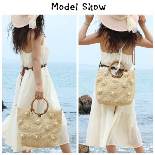 Bolso Tote de Paja con Perlas para Mujer Verano Playa miniatura 3
