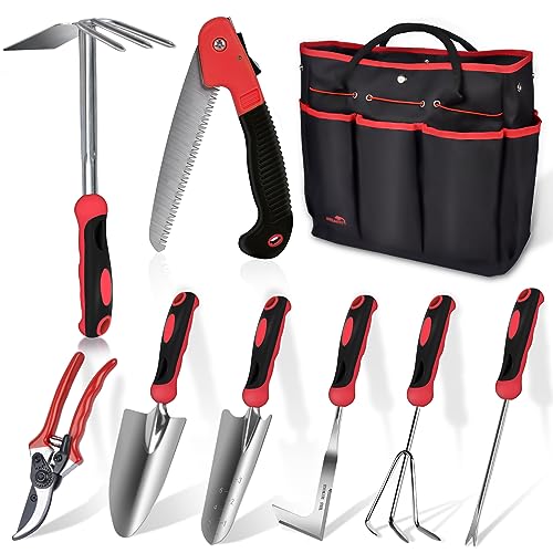 Red Gardening Tools, WisaKey 9 Piece Stainless Steel Heavy Duty Garden Tools, Red Gardening Hand Tools with Non-Slip Ergonomic Handle, Garden Tote Bag, Gardening kit, Gardening Gifts for Women and Men