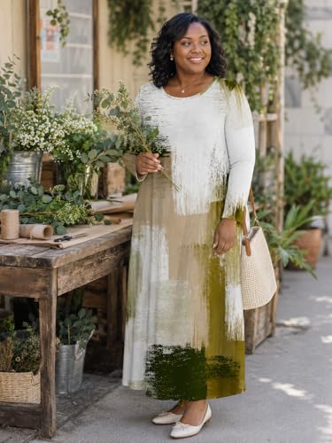 Image of PinkPatty Plus Size Maxi Dress for Curvy Women Crew Neck Long Sleeves Casual Dress Vacation Sundresses with Pockets