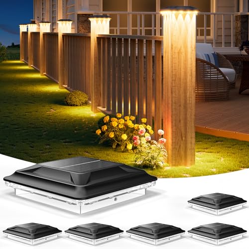 Upgraded Solar Post Cap Lights Outdoor 6pack, 3-in-1 Selectable Color (Warm White/Cool White/Daylight), Waterproof Downward Lighting for 4x4 Wood/Vinyl Fence Posts, Ideal for Deck Yard Stair Railing