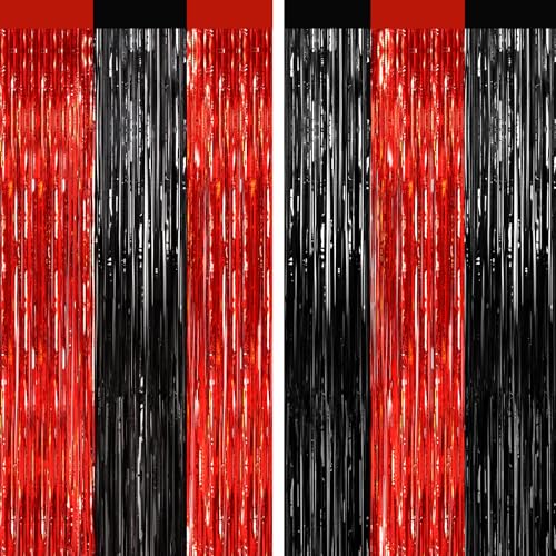 Image of 2 Pack Black and Red Foil Fringe Curtains Party Decorations, Tinsel Curtain Backdrop Streamers for Birthday Graduation Fiesta Stranger Theme Halloween Christmas Party Decors Supplies Door Streamers
