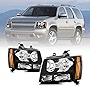 CMVT Auto Headlights Assembly Compatible with 2007 2008 2009 2010 2011 2012 2013 2014 Chevy Tahoe Suburban 1500 2500/07-13 Avalanche HeadLamp (Black Housing Amber Reflector)