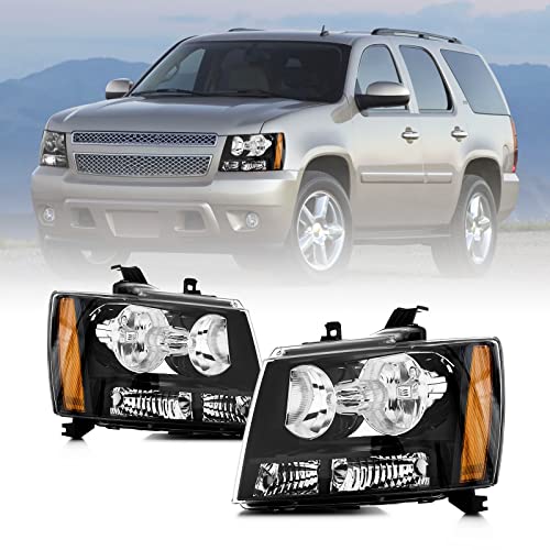 CMVT Auto Headlights Assembly Compatible with 2007 2008 2009 2010 2011 2012 2013 2014 Chevy Tahoe Suburban 1500 2500/07-13 Avalanche HeadLamp (Black Housing Amber Reflector)