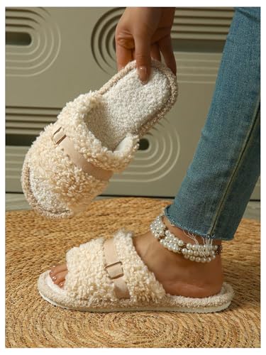 Women's Furry Fuzzy Slippers Buckle Open Toe House Shoes Bedroom2