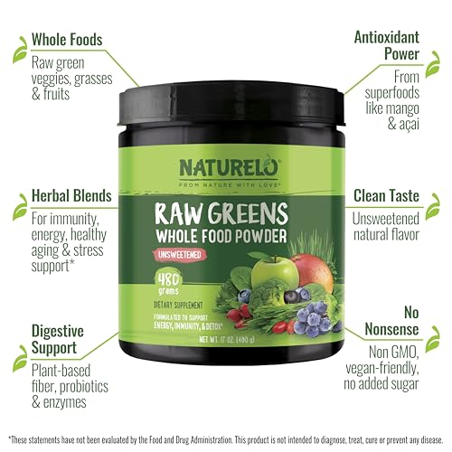 NATURELO Raw Greens Superfood Powder - Unsweetened - Boost Energy, Detox, Enhance Health - Organic Spirulina - Wheat Grass - Whole Food Nutrition from Fruits & Vegetables - 480 Grams - Image 5