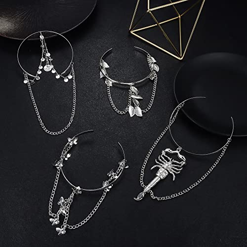 Fibo Steel 4Pcs Punk Chain Tassel Upper Arm Cuff Disc Scorpion Butterfly Upper Arm Bracelet Open Bangle Leaf Greek Armlet For Women Silver Tone #TOP5