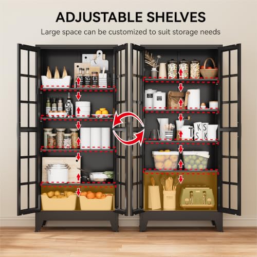 Image of COFaR 71 inch Tall Metal Storage Cabinet with Glass Doors and Shelves, Black | 71-inch metal pantry cabinet with 5-tier storage, 4 adjustable shelves, square-grid glass doors, and black handles
