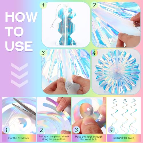 Image of Knitgrip 23 Pcs Iridescent Birthday Party Decorations Disco Sparkly Decorations Holographic Party with Mermaid Happy Birthday Banner Hanging Honeycomb Ball Paper Fan Snowflake Star