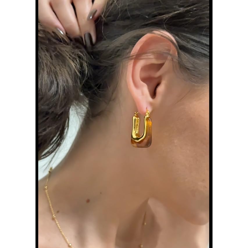 Milan Chiva 14K Gold Acrylic Rectangle Clear Earrings for Women, Plated Chunky Earrings Geometric Minimalist Statement Lightweight Huggie Dainty Hypoallergenic Hoop Earrings for Womens Jewelry4