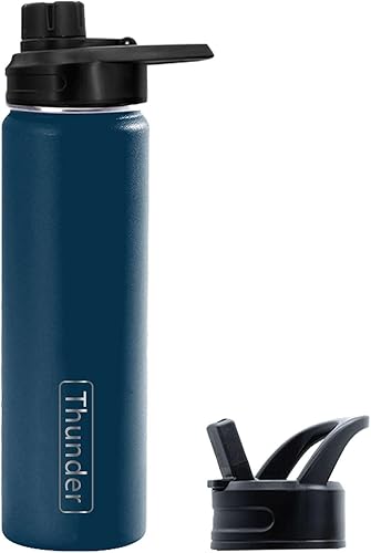 Thunder Botella de agua de acero inoxidable, botella de agua deportiva de doble pared aislada con dos tapas, ligera, a prueba de fugas, sin BPA (22