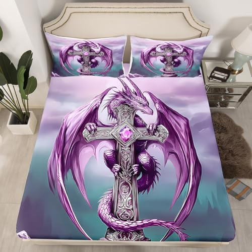 Gohtic Dragon Fitted Sheet Full Size Western Magical Animal Bedding Set 3Pcs(No Flat Sheet) Dreamy Gradual Clouds Bed Sheet for Boys Girls Teens Room Decor Fantasy Style Dragon Deep Pocket Sheet