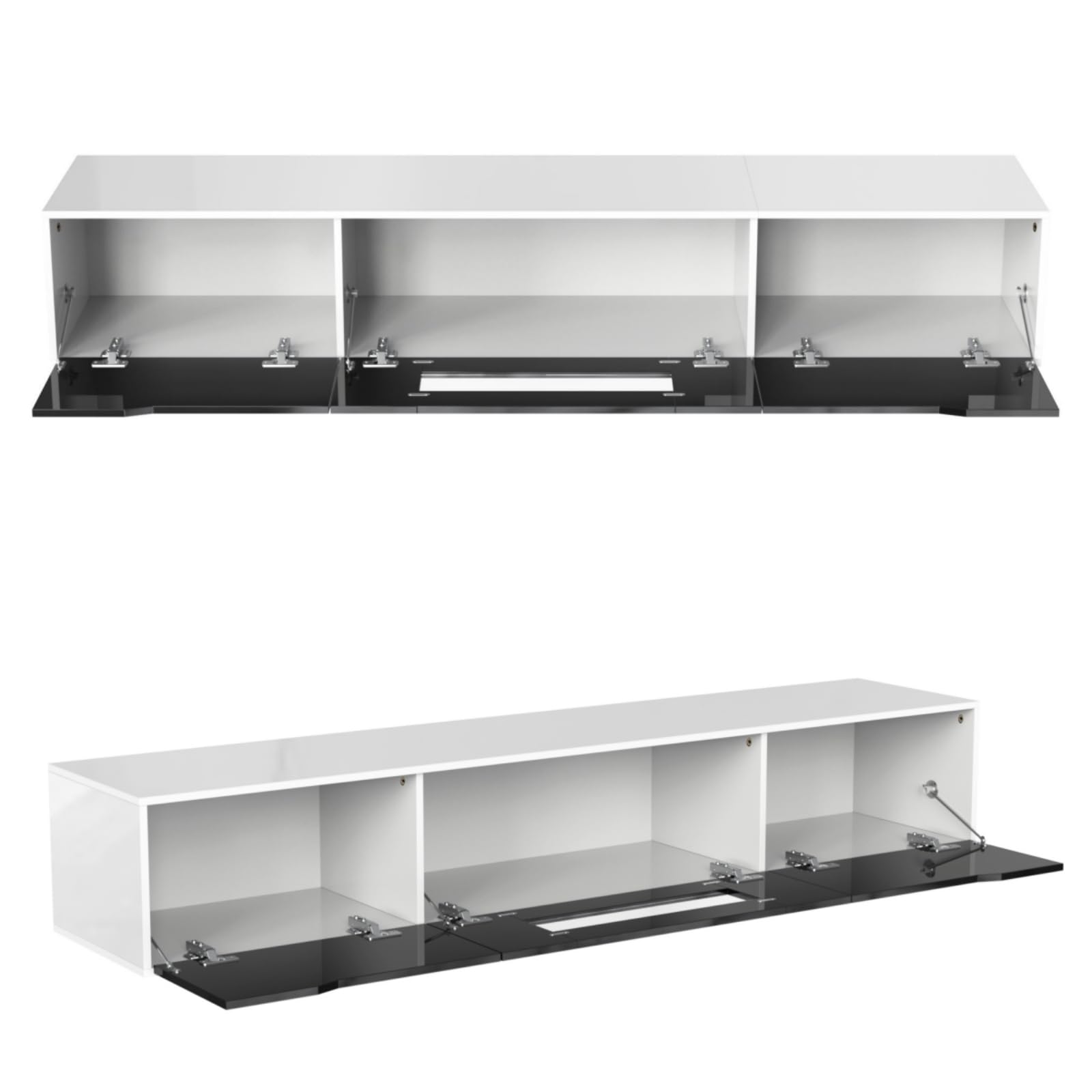 KOMHTOM Armoire TV en blanc brillant avec plateau de table couleur bois, buffet avec trois compartiments de rangement spacieux, armoire polyvalente pour salon et chambre à coucher (noir + blanc)