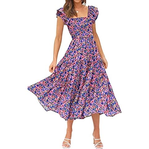 DOROSE Women's Summer Boho Dress Floral Print Smocked Square Neck Tiered Maxi Dress Beach Sundress Purple S Cover