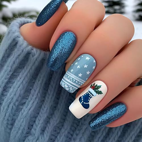 Christmas Press on Nails Medium Square Fake Nails Blue Stick on N...
