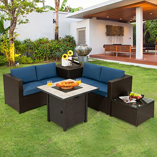 Tangkula 5-Piece Patio Furniture Set With 30 Inches Gas Fire Pit Table, Outdoor Wicker Conversation Sectional Sofa Set With Storage Box And Coffee Table, 50,000 Btu Propane Fire Pit Table (Navy) #TOP2
