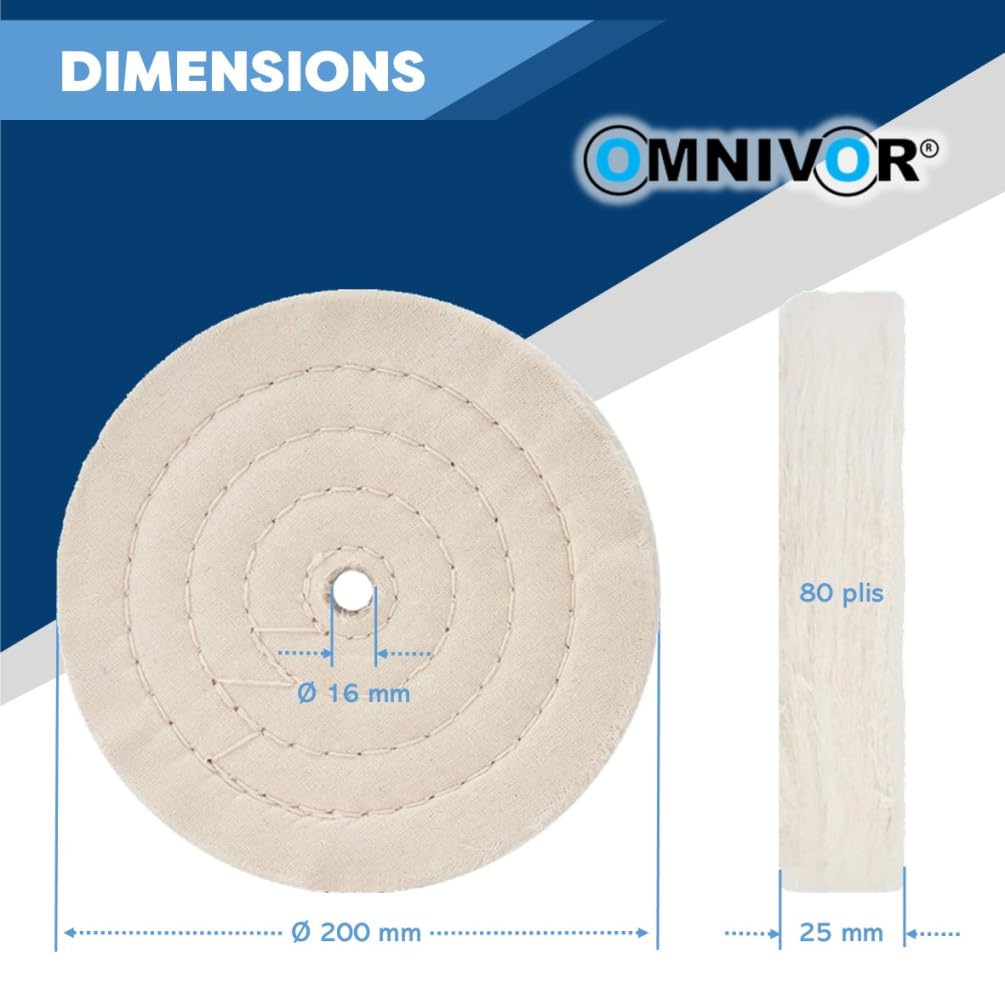 Lot de 2 Disques de Polissage en Coton Cousu - D. 200 x ép. 25 x Al. 16 mm - 80 Plis - Idéal pour Métaux, Bois et Plastiques - Accessoire Robuste pour Polisseuse et Finition Parfaite