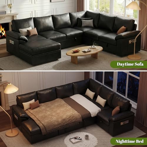 Image of 108 Inch Faux Leather Modular Sectional Sofa with Pull Out Bed,U Shaped 7 Seat Sectional Sleeper Sofa with Storage,Sectional Couches for Living Room,Cloud Modular Couch,Black Leather