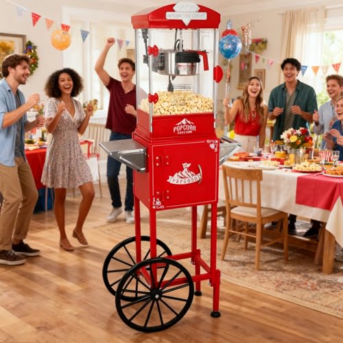 Image of 10oz Popcorn Machine with Cart, Popcorn Maker Machine, Red