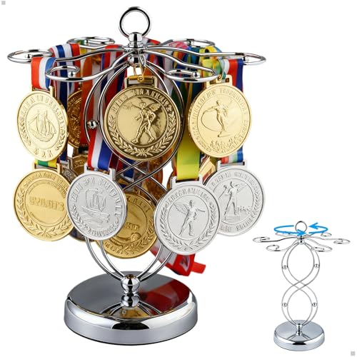 mongtsamz Porta Medallas, Metálico Soporte de Mesa para Medallas para 30 Medallas Colgador de Medallas para Baloncesto Animadoras Atletismo Gimnasia Sóftbol Fútbol Carreras Medallas, 1 Pieza, Plata